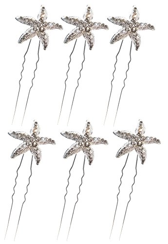Crystal Starfish Hair Pins Jewel in Silver Tone for Women Girl Bridal Wedding Bouquet Prom and Beach Theme Party (Set of 6)
