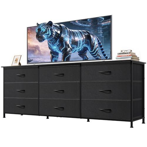 63''W Black TV Stand for 65, 70, 75 inch TV, Large Entertainment Center with 9 Fabric Drawer, TV Media Console Table with Wood Top, Adjustable Feet for Living Room, Hallway