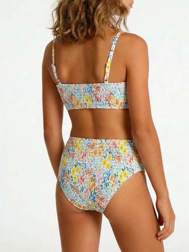 Image of MAKEMECHIC Girl's Ditsy Floral Print 2 Piece Bikini Set Scoop Neck Ruched Triangle Beach Bathing Suit