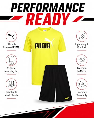 Image of PUMA Boys Short Set - 2 Piece Short Sleeve Crewneck Performance Graphic Tees and Athletic Mesh Shorts for Boys (Sizes: 4-16)
