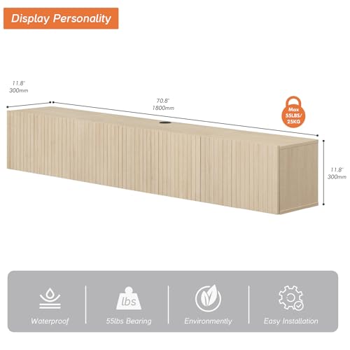 WAMPAT Floating TV Stand, Wall Mounted Shelf, Modern Floating Entertainment Center with 3 Fluted Flip-Down Doors, 70" Large Storage Media Console Wall Unit for Living Room,Bedroom, Natural