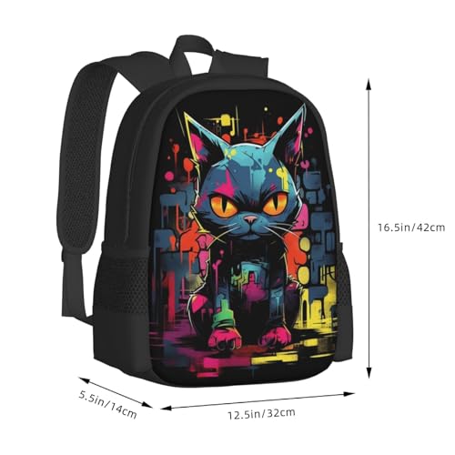 Comfort Fit Unisex 17 Inch Backpack Grunge Cat Graffiti Padded Straps for Long - Haul Carrying Work & Travel Use3