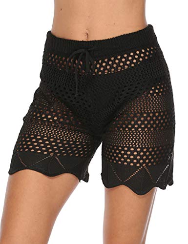 Womens Hollow Out Lace Swimsuit Bottoms Solid Stretch Swimwear Shorts Waistband Side Slit Swim Boardshorts - Thumbnail 2
