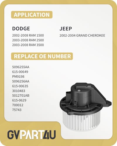 Image of Front Blower Motor 700012 for 2002-2008 Dodge Ram 1500 2500 3500, for 2002-2004 Jeep Grand Cherokee, 2002 2003 2004 2005 2006 2007 2008 Blower Motor OE: PM9198 5012701AB 5096255AA 5096256AA