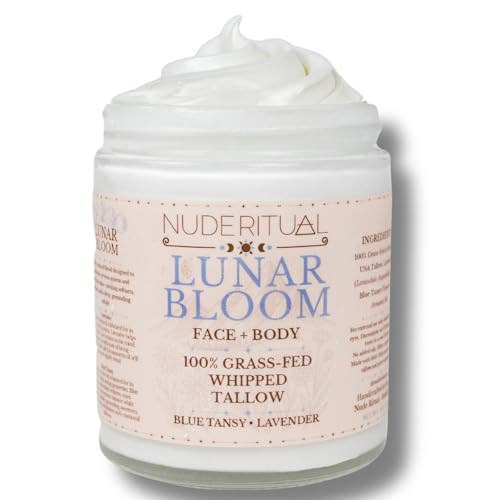 100% Grass-Fed Beef Tallow – Whipped Body Butter Moisturizer for Face & Body – USA Made Natural Lotion Alternative for Dry, Sensitive Skin – 4 oz (Lunar Bloom – Lavender & Blue Tansy)