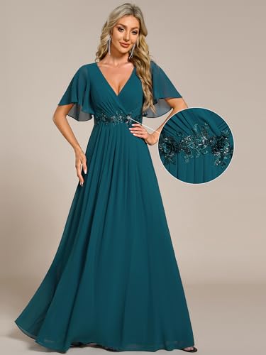 Image of Ever-Pretty Womens V Neck Applique Mother of the Bride Dresses Formal Dress | Chiffon, Short Sleeves, Ruched, A-Line, Bridesmaid Dresses, Formal Gown, Black Tie Dress