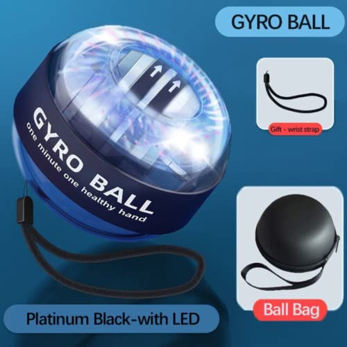 Image of Gyro Ball Wrist Strengthener - Auto Start Forearm Exerciser with Ergonomic Grip - Hand, Finger, Arm Workout for Fitness, Sports, Musicians & Rehab (Bag, Platinum Core, Lights, Black)
