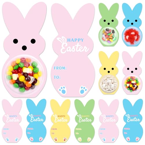 KJX 24 Pack Easter Cards for Kids Classroom, DIY Bunny Design Easter Candy Cards with Plastic Domes, Easter Party Favors for School Holiday Celebrations Gifts and Craft Activities