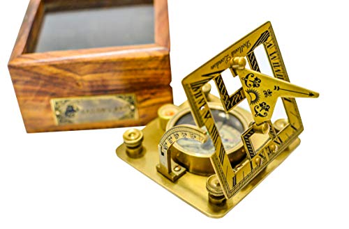Sailor's Art Antique Brass Square Sundials With Wooden Box - Garden Dollond London - Solid Brass Nautical Sundial - Brass Anchor - Beautiful Handcrafted, Pocket Size Sun Dial Sun Clock #TOP5
