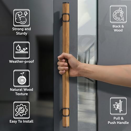 Image of Plantex 18 Inch Main Door Handle /Stainless Steel & Wooden Door Handle /Pull-Push Handle for Door /Office & Hotel - Pack of 1 (DTMD-428, Black & Wood)