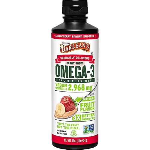 Barlean's Vegan Omega 3 6 9 Flaxseed Oil Liquid Supplement, Strawberry Banana Smoothie, Flax Seeds Oil with 2,968 mg ALA Fatty Acid, Non-GMO and Gluten Free, 16 oz