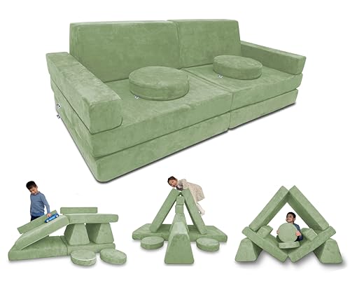 Image of Mod Blox 10 Piece Soft Modular Kids Play Couch for Boys and Girls ｜ Child Sectional Fort Building Sofa for Toddlers Playroom with Microsuede Covers and High Density Convertible Foam Cushions (Sage)