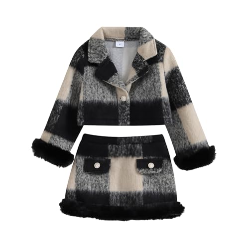 2PCS Baby Girls Plush Plaid Outfit Lapel Long Sleeve Fur Hem Button Jacket Shrug + A-line Skirt Sets