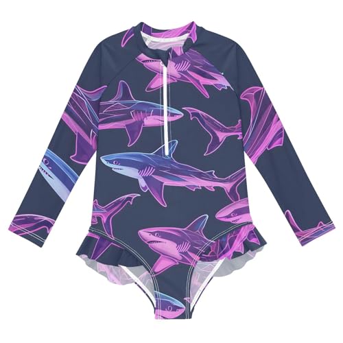 Girls One Piece Swimsuits Long Sleeve Swimsuit Zipper Bathing Suits Sharks Blue Ocean Map Neon Doodle