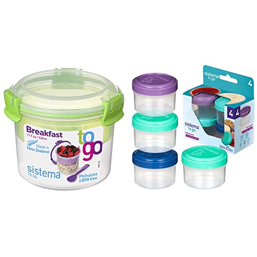 Sistema To Go Collection 1.18 Oz. Salad Dressing Containers, Pink/Green/Blue/Purple, 4 Pack & To Go Collection Breakfast Bowl Food Storage Container, 17.9 Oz./0.5 L, Color Received May Vary #TOP24