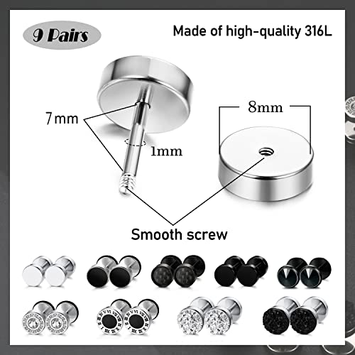 FIBO STEEL 9 Pairs Fake Gauge Earrings for Men Women Stainless Steel Stud Earrings Round Cheater Plug Earrings Faux Gauges Ear Tunnel Mens Earrings3