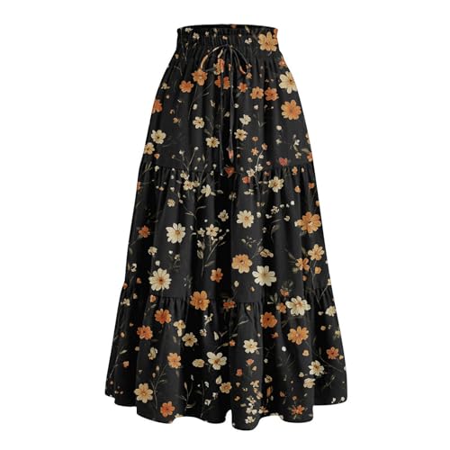 COTECRAM Womens Boho Floral Print Skirt Trendy Pleated A-Line Skirts Casual Flowy Swing Midi Skirts Beach Vacation Clothes