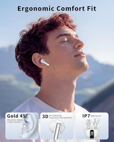 Image of Wireless Earbuds, 2026 Bluetooth 5.4 Headphones Bass Stereo Ear Buds with Noise Cancelling Mic, LED Display in Ear Earphones 50H Playtime Ear Buds, IP7 Waterproof for Laptop Pad Phones Bright White