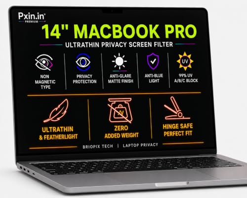 Image of Pxin 14 Inch MacBook Pro UltraThin Privacy Screen Filter | FeatherLight Design | No Magnetic Weight | No Hinge Burden | Anti Glare | Anti Blue | 99% UV A /B /C Block | BRIOPIX Tech | Laptop Privacy