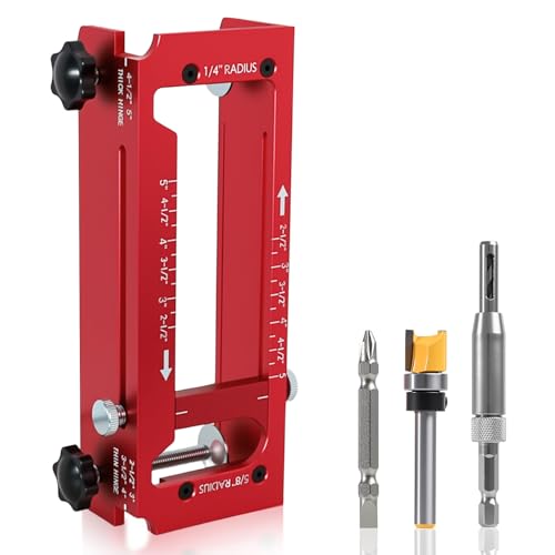 Premium Door Hinge Routing Jig, Adjustable Aluminum Alloy Mortise Template Kit for Doors, Fits 2½″-5″ Length, Supports ¼″ Radius, ⅝″ Radius & Square Corner Hinges