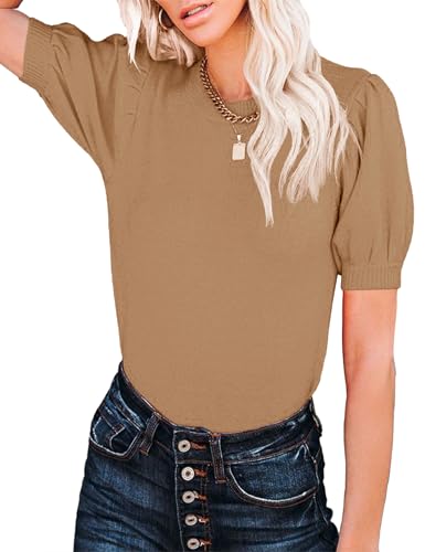 Image of Womens Puff Short Sleeve Sweater Tops Crewneck Basic Knit Pullover Lightweight Casual Sweaters