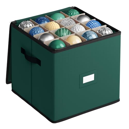 SONGMICS Christmas Decoration Storage Box, 7.6 cm 64 Slots, Stackable Christmas Bauble Storage Box with Lid, Dual Zippers, Adjustable Dividers, Non-Woven Fabric, Forest Green RFB036C01