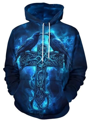 Image of JooMeryer Men's Viking Totem 3D Print Long Sleeve Hoodies Pullover Sweatshirt, Z - Blue Raven, 6XL