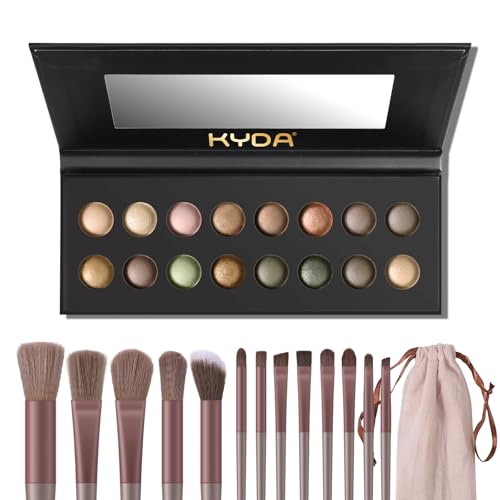 KYDA 16 Colors Baked Eyeshadow Earth Palette Kit, Neutral Earthy Tones Baked Powder Palette with Matte Shimmer Finish, Rich Buildable Pigments, Soft Blendable Creamy, Crease-proof, with 13Pcs Brushes