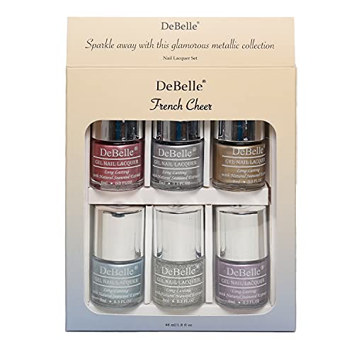 Image of DeBelle French Cheer Gel Nail Polish Combo Set Of 6 Metallic Finish Chrome Glaze(Metallic Pink), Chrome Silver(Metallic Silver), Chrome Wine(Metallic Purple), Shimmer Top Coat(Top Coat) Aqua Frenzy(Metallic Sky Blue), Chrome Gold(Metallic Gold) (8 ml Each)