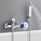 ROVOGO Badewannenarmatur Wasserfall mit Handbrause, Aufputz Einhandmischer Wannenarmatur mit Messing Drehbare Umstellung, Badewanne Wasserhahn mit Brausehalter und 150cm Schlauch für Bad Dusche, Chrom