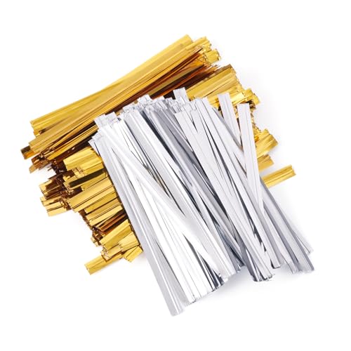 Cheriswelry Lot de 1 550 attaches torsadées métalliques en plastique doré et argenté pour sachets de bonbons, sacs à bonbons, 60 x 4 mm
