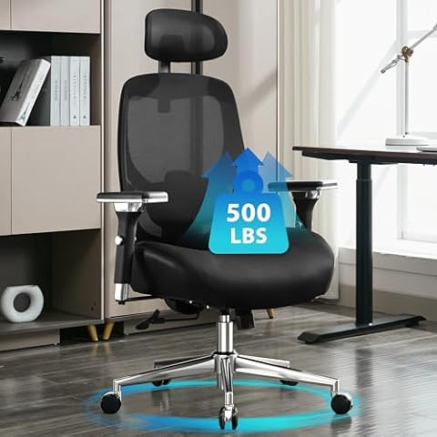 BOSMILLER 500lbs Big and Tall Office Chair with Wide Thick Seat Cushion for Sitting All Day,Ergonomic Mesh Desk Chair with Adjustable Lumbar Support for Heavy People,4D Armrests Cover