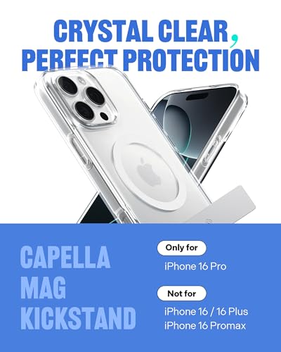 Image of CASEOLOGY by Spigen Capella Mag Kickstand for iPhone 16 Pro Case [Built-in Kickstand] Magnetic Military Grade Drop Protection Back Cover Case for iPhone 16 Pro (TPU and PC | Clear White Silver)
