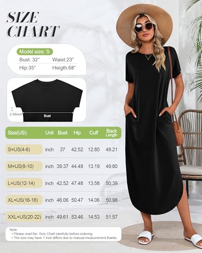 Image of Riyiper 2 Pieces Women's Short Sleeve Maxi Dress Round Neck Casual Loose Split Long Summer Beach Shirt Dress with Pockets