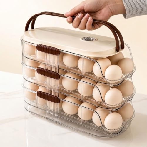 DAZZLEREE Egg Organizer for Refrigerator, 3-Tier Auto-Roll, Holds 42 Eggs