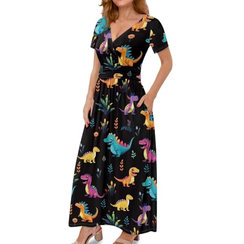 Image of Women's Fall Summer Short Sleeve Ankle Length V-Neck Party Dress with Pockets Size S-3XL