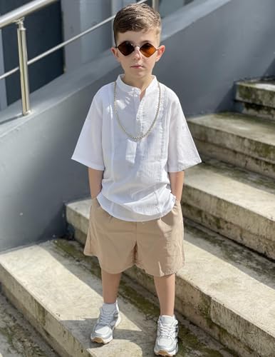 Image of Arshiner Boy's 2 Pieces Linen Sets Short Sleeve Henley Shirt and Shorts Summer Beach Matching Outfits 4-12 Years