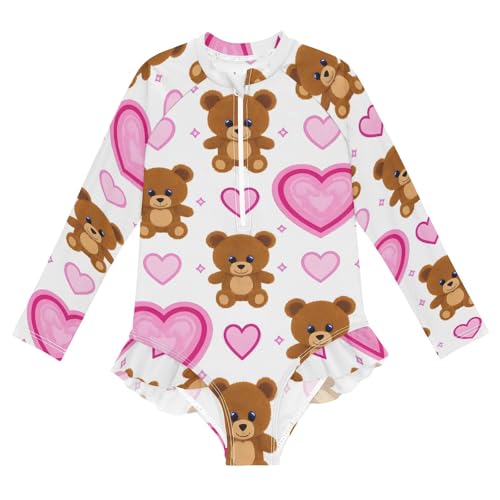 ALAZA Toddler Swimsuit Girl Bathing Suit Swimwear Rash Guard Bear Heart Long Sleeve 3T