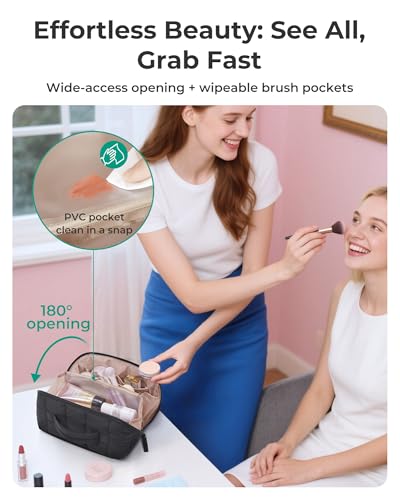 BAGSMART Travel Makeup Bag for Women, Portable Water-resistant Cosmetic Case, Puffy Padded Make Up Organizer Pouch, Open Flat Toiletry Bag for Toiletries, Brushes, Black2