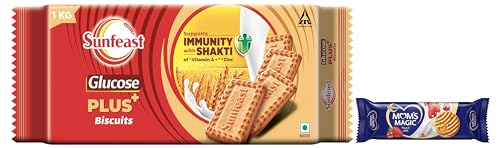 Image of Sunfeast Glucose Plus, 1 Kg & Sunfeast Mom's Magic Fruit and Milk Cookies, 197g | Cranberry and Strawberry | Milk Biscuits | Mom's Favourite Baked Cookies