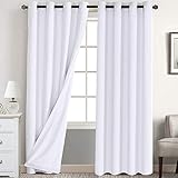 Flamingo P Textured Linen 100% Blackout Curtains 108 Inch Length 2 Panles Set Burlap Thermal Insulated Full Light Blocking Primitive Curtain Drapes Draperies for Bedroom, Pure White with White Liner