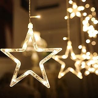 Star Snowflake Christmas Curtain Lights Stars Fairy LED Light String 2.5M 12-Star 138led Battery Operated Remote Control Waterproof for Indoors Outdoors Wedding Party Garden Decorations Bedroom