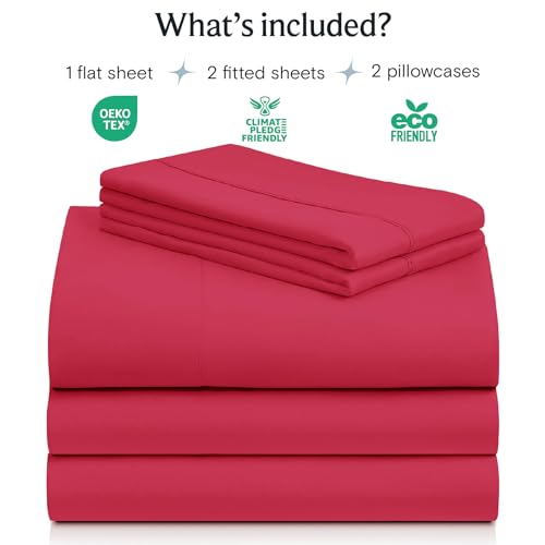 Image of LuxClub 5 PC Sheet Set Bed Sheets Deep Pockets 16 inch Eco Friendly Wrinkle Free Cooling Machine Washable Hotel Bedding Silky Soft - Red Split King