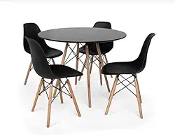 Conjunto de Jantar Mesa Eiffel Redonda Com 4 Cadeiras Charles Eames Eiffel Pés De Madeira Clara - Preto (Mesa 90cm)