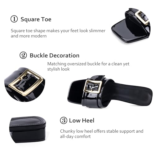 Image of Women's Slide Heeled Sandals Opened Square Toe Chunky Block Heel Slippers with Buckle Slip on Casual Comfortable Pumps