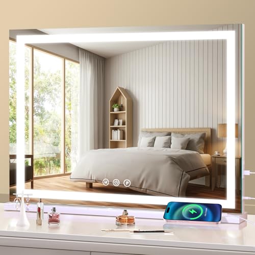 halumao Schminkspiegel mit Beleuchtung 58 x 48 cm Hollywood schminktisch Spiegel mit Beleuchtung 3 Modi Dimmbar Tischspiegel mit Touch-Schalter