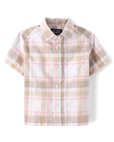 The Childrens Place Baby Boys and Toddler Poplin Short Sleeve Button Down Shirt Sandy Plaid 5 Years