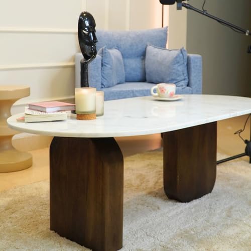 Image of Gharaana Ohana Wooden Modern Centre Table for Living Room (40x20x16 inch) Solid Mango Wood, White Marble Top | Chestnut Brown | Rectangular Luxury Coffee Table