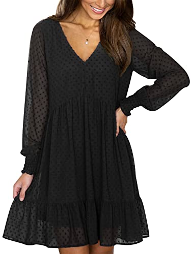 FAMITION Womens Swiss Dot Dress Long Sleeve V Neck Tunic Dress Casual Flowy Ruffle Swing Chiffon Mini Dresses Black L