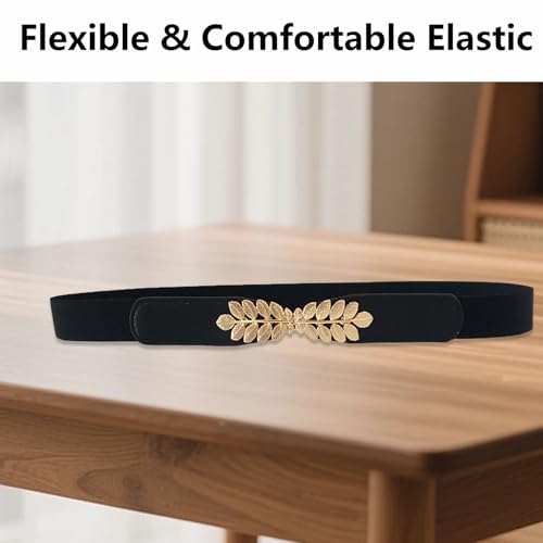 Black Belt Women Leaves Womens Skinny Belt Elastic Waist Belt for Dresses and Jumpsuits Thin Stretchy Decorative Alloy Leaf Buckle Dressy Fashion Belts for Ladies’ Skirts and Vestidos 32"-40"3